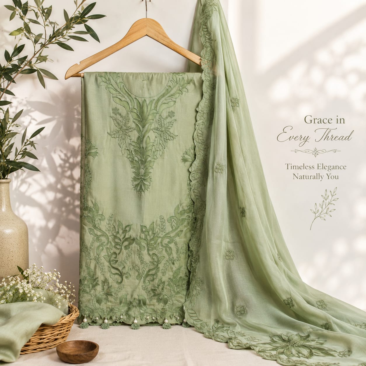 Olive Whisper – Premium Mul Cotton Appliqué Suit Set